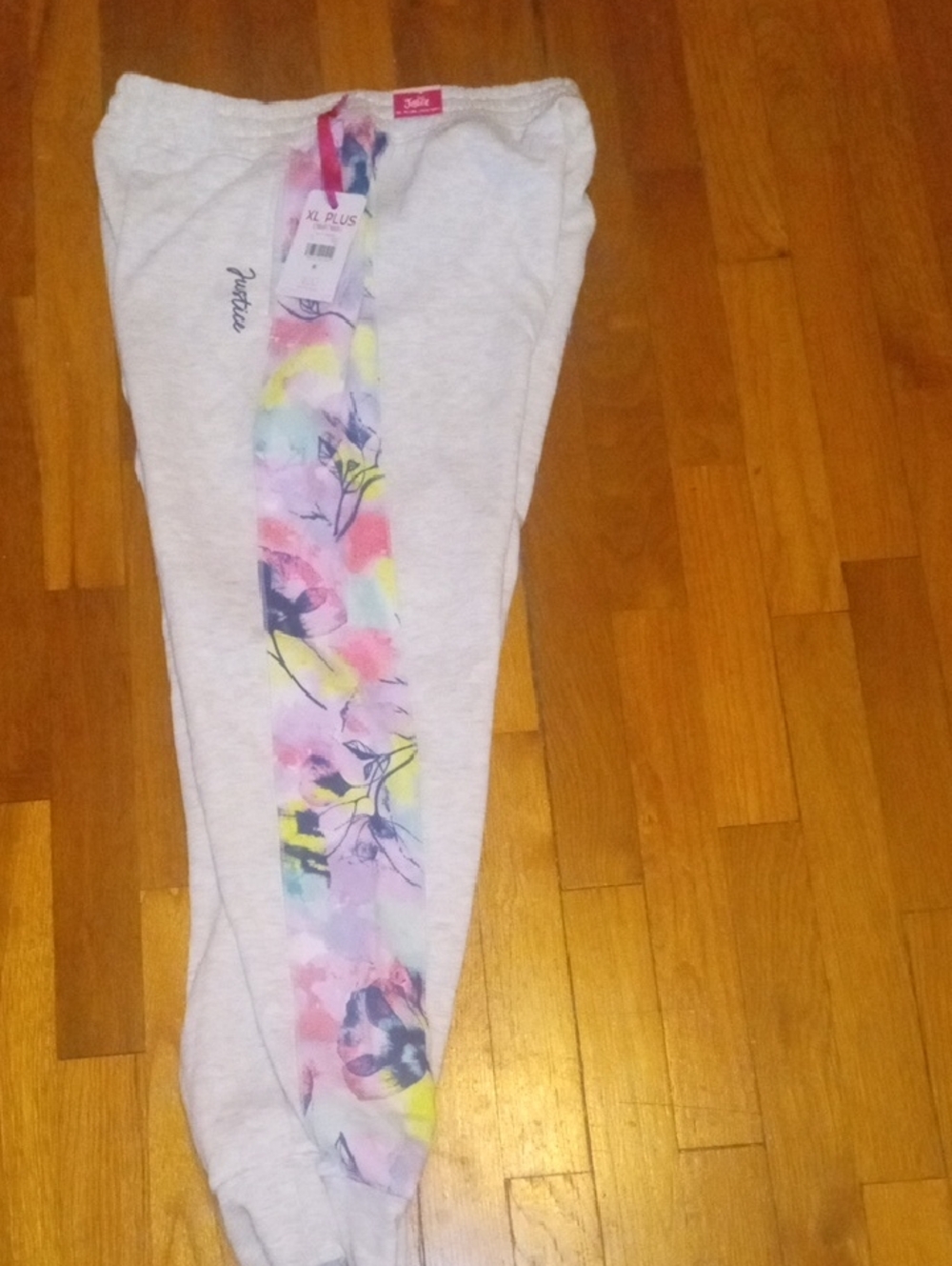 NWT girls XL Justice gray joggers print down leg